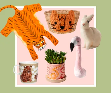 Animal-themed home decor: tiger rug, wicker basket, rabbit sculpture, flamingo plush, leopard mug, cactus in pot.