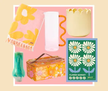 Colorful home decor items featuring floral patterns and bright pastel colors, including a towel, pitcher, vase, and poster.