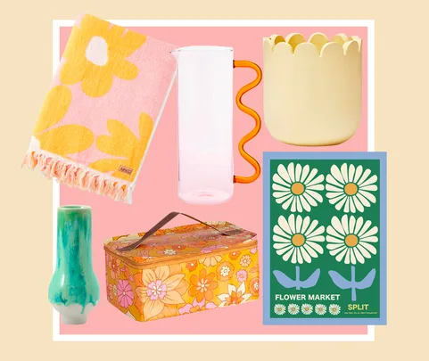 Colorful home decor items featuring floral patterns and bright pastel colors, including a towel, pitcher, vase, and poster.