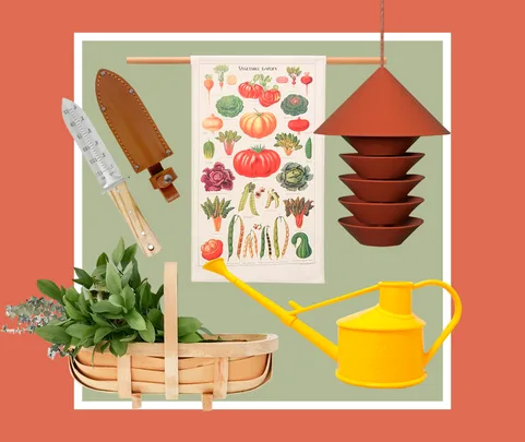 Garden tools and decor: seed depth ruler, vegetable chart, tiered planter, plants in basket, and yellow watering can.