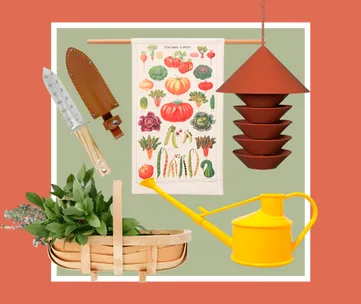 Garden tools and decor: seed depth ruler, vegetable chart, tiered planter, plants in basket, and yellow watering can.
