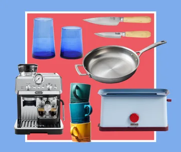 Assorted kitchen items, including a coffee machine, pan, toaster, knives, mugs, and blue glasses, on a colorful background.