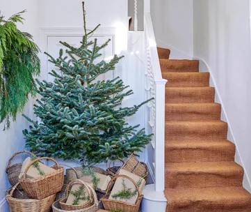 Alt text: "Christmas tree beside staircase with wicker baskets and greenery in a bright hallway."
