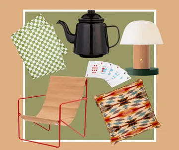 Collage of a teapot, lamp, chair, cushion, playing cards, and checkered napkins on a green background.
