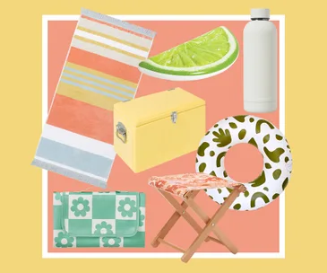 Colorful beach items: striped towel, citrus float, yellow cooler, white bottle, patterned mat, stool, and floral float.