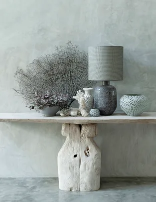 Decorative console table with driftwood base, featuring a lamp, vases, and dried plants against a neutral wall.