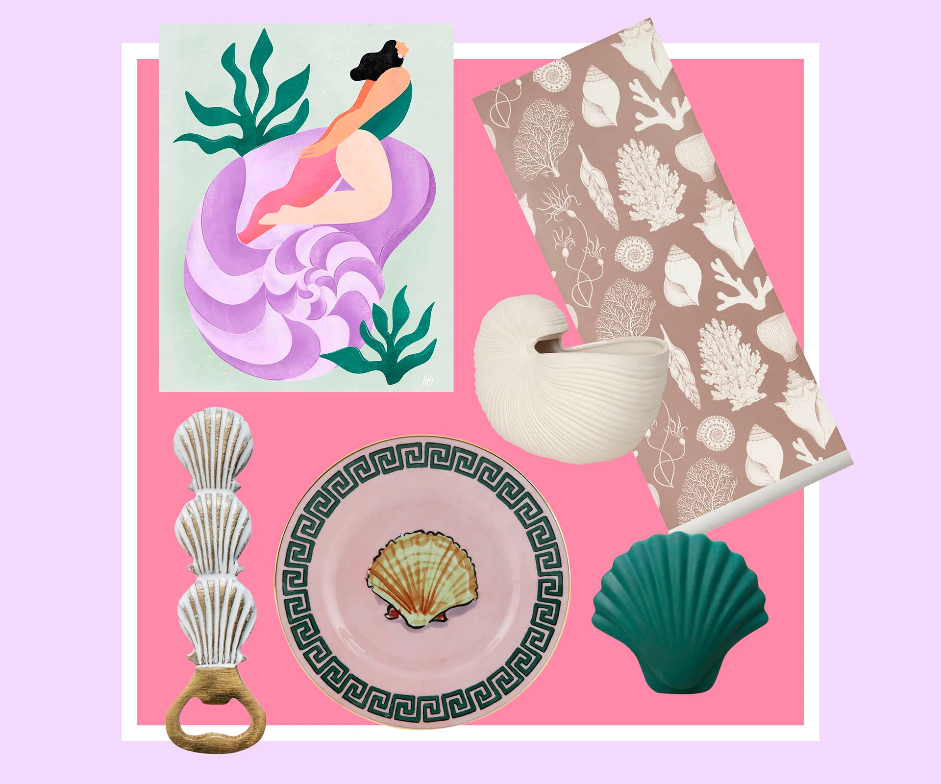 Collage of seashell-themed items: artwork, plate, wallpaper, and decorative objects on a pink and lavender background.