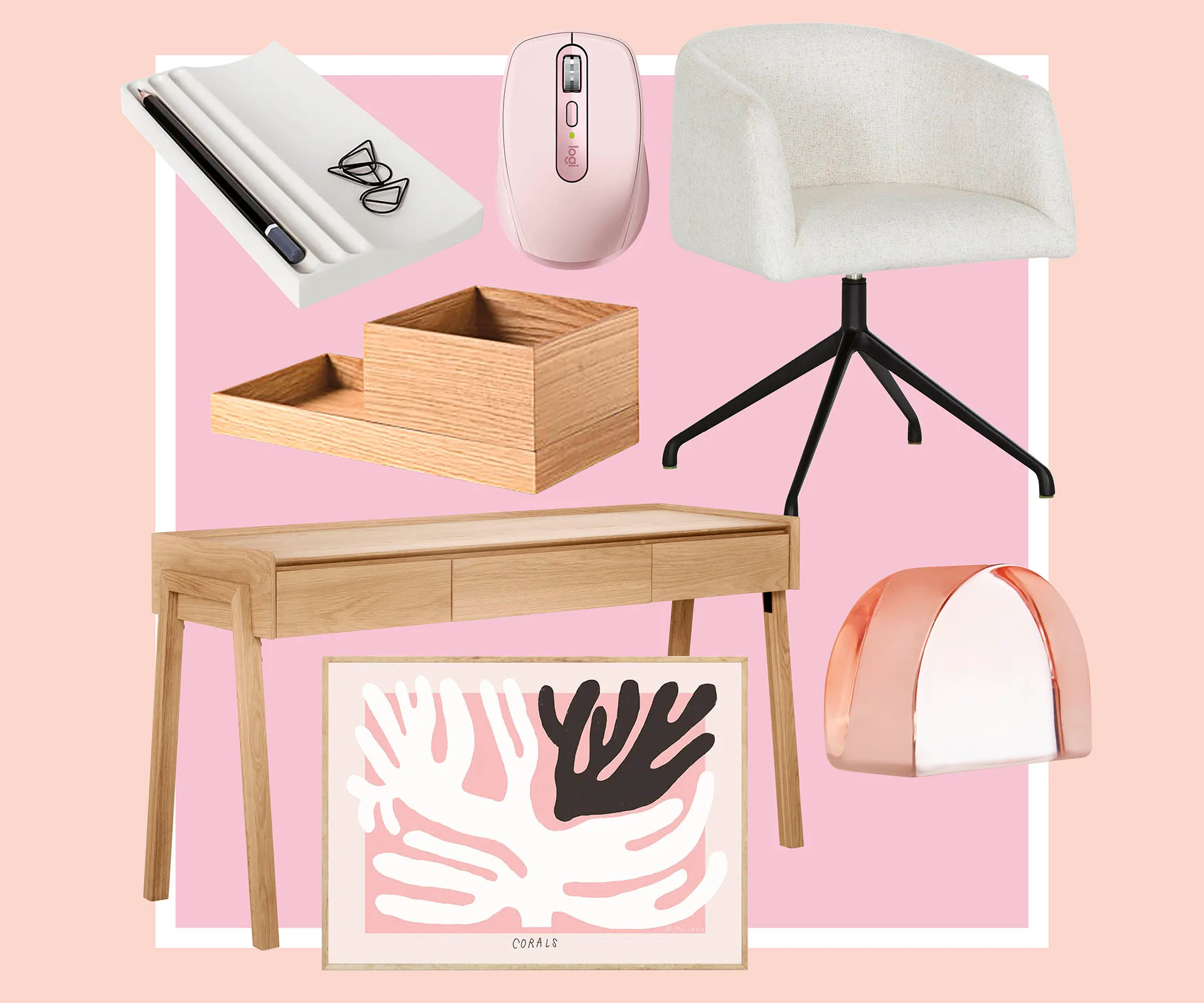 Pastel-themed office supplies collage featuring a chair, desk, organizer, lamp, mouse, and art.