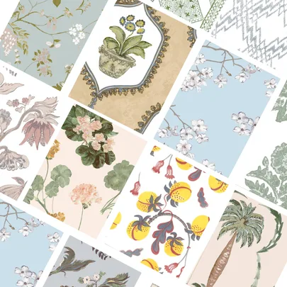 Collage of floral and botanical pattern samples in pastel colors with flowers, fruit, and foliage.