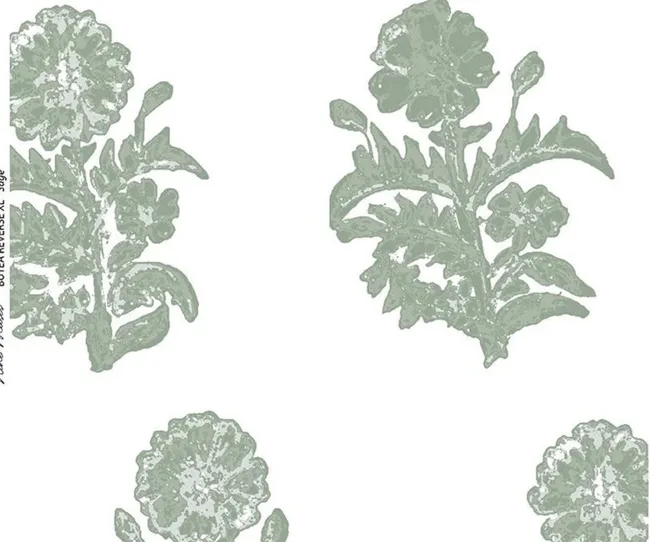 Green floral textile pattern with stylized flowers and leaves on a white background.
