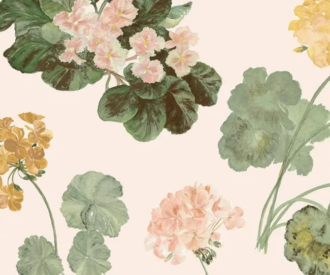 Delicate floral pattern with pink and yellow flowers and green leaves on a light background.