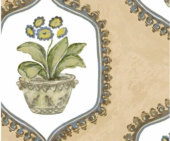 Illustration of a potted plant with yellow and blue flowers on ornate beige patterned background.