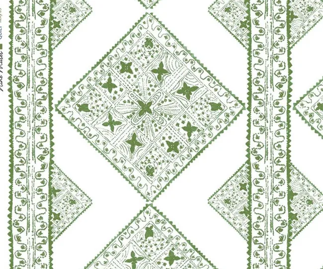 Green floral and geometric pattern on white background, featuring diamond shapes and decorative borders.