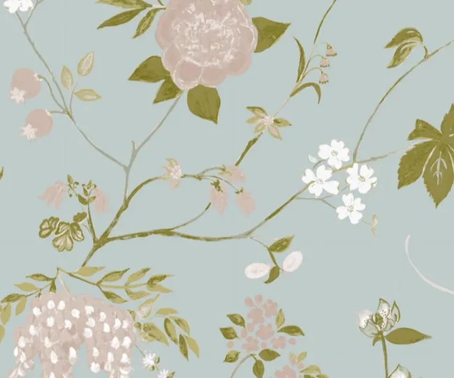 Floral pattern with pink and white flowers on a light blue background.