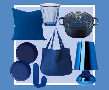 Blue-themed home items: pillow, glass, pot, plates, bag, lamp, and hook arranged on a light blue background.