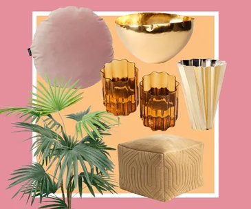Collage of decorative items: gold bowl, geometric vase, amber glasses, pink cushion, palm plant, velvet pouf.