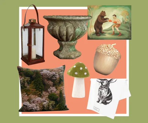 Various home decor items including a lantern, urn, painting, cushion, acorn, mushroom, and rabbit towel on colored background.