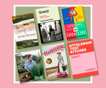 Books arranged on a green and pink background, featuring authors Fiona Kidman, Noelle McCarthy, and Jenny Pattrick.