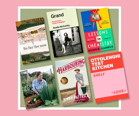 Books arranged on a green and pink background, featuring authors Fiona Kidman, Noelle McCarthy, and Jenny Pattrick.