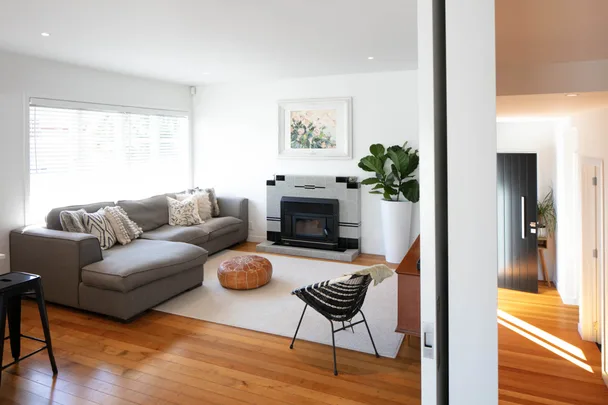 Contemporary living room with a gray sectional, fireplace, and large plant by a window, featuring wooden floors.