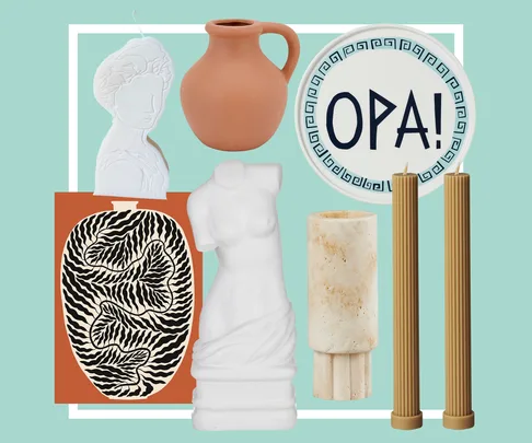 Ancient Greek themed items: vases, torso statue, "OPA!" plate, candles, on a teal background.