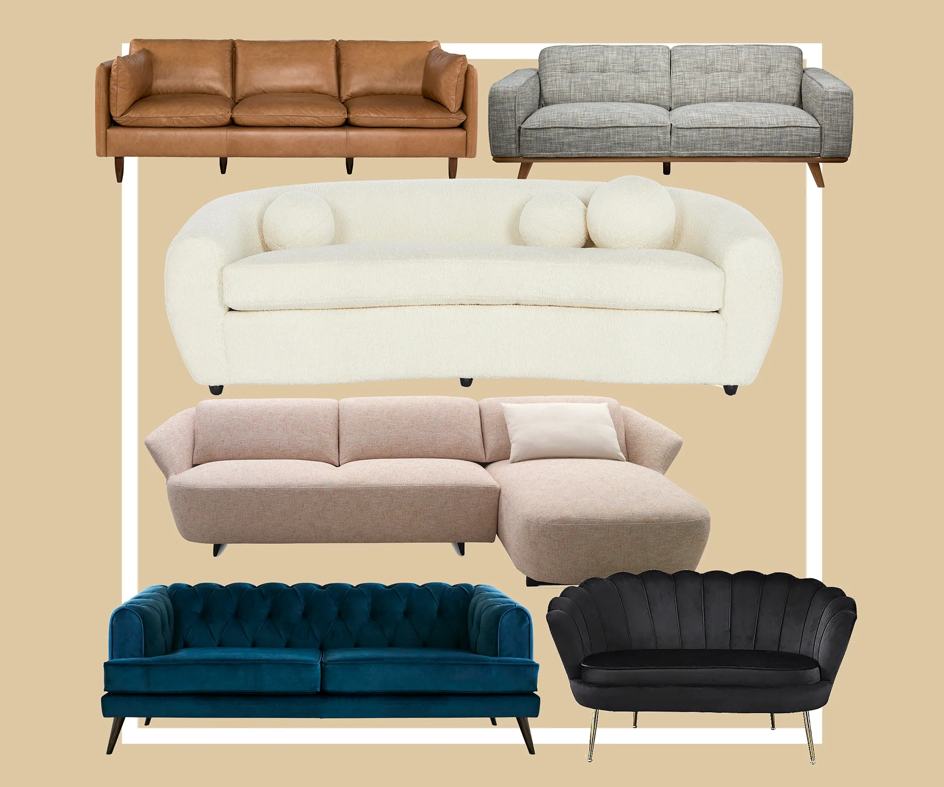 A collage of six sofas in various styles and colors on a beige background.
