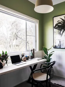 Bright home office with a green wall, desk, chair, laptop, and plants by a window.
