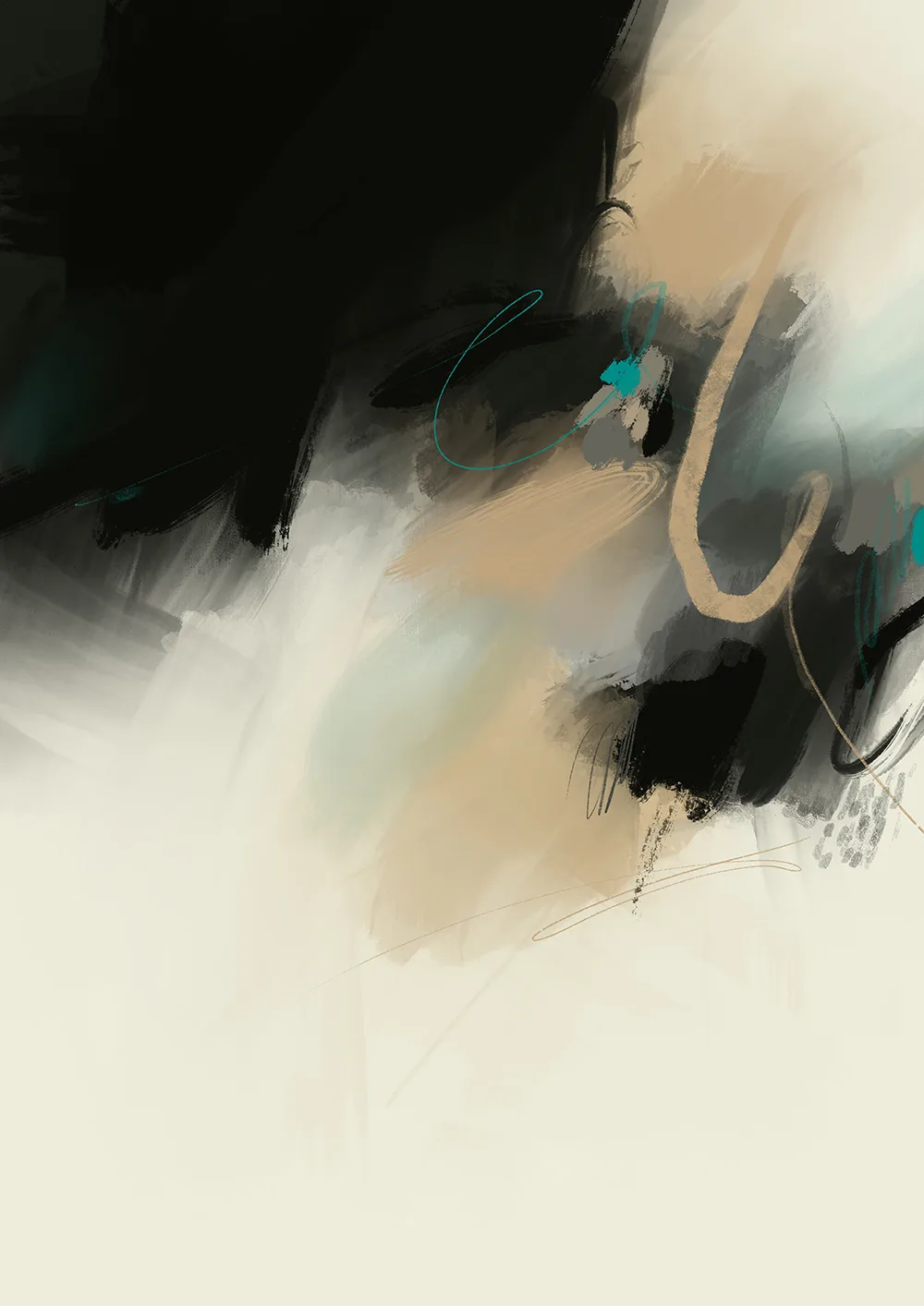 Abstract painting with fluid beige, black, teal, and cream brushstrokes and shapes.