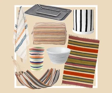 Striped items including a towel, hammock, pouch, dishes, planter, cup, and rug on a beige background.