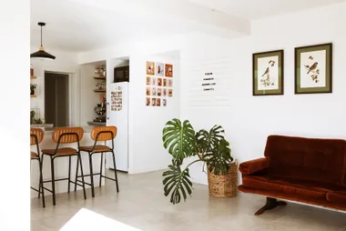 Modern living room with brown sofa, bar stools, wall art, and potted plant. Bright and minimalistic decor.