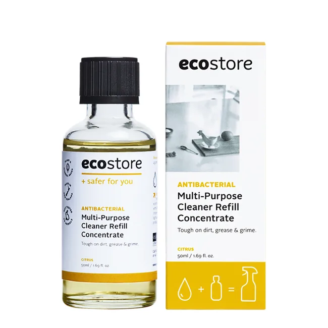 Bottle and box of ecostore antibacterial multi-purpose cleaner refill concentrate, 50ml, labeled "citrus."