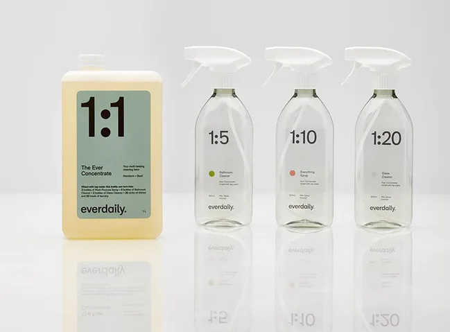 Four bottles of Everdaily cleaning concentrate. Ratios: 1:1, 1:5 for bathroom, 1:10 for everything, 1:20 for glass.
