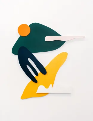 Abstract wall art with layered shapes in green, orange, yellow, black, and white on a white background.