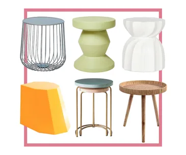 Six modern stools with different designs and colors, including metal, wood, and geometric shapes.