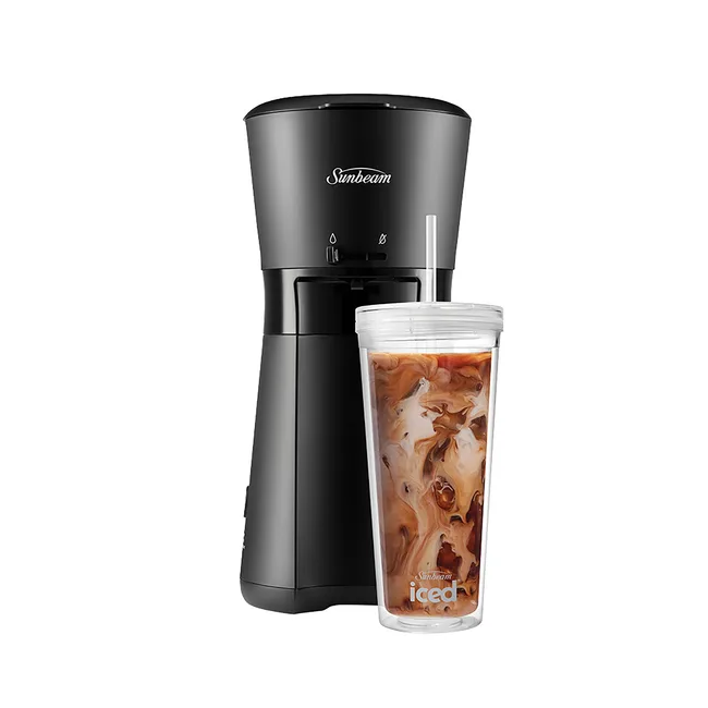 Black Sunbeam iced coffee maker with a transparent tumbler filled with iced coffee, showing swirling cream.