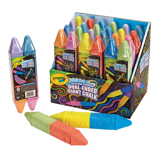 Crayola Dual-Ended Giant Chalk in colorful packaging with assorted chalk sticks shown outside the box.