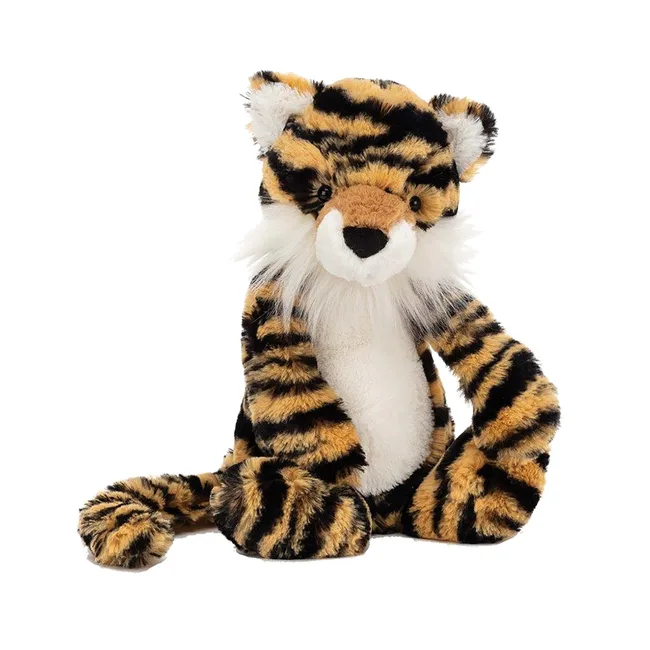 Soft plush tiger toy with realistic black and orange stripes, sitting upright, with a white belly and fluffy cheeks.