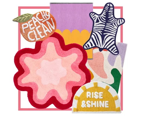 Colorful rugs in various shapes and patterns, including a zebra print, floral design, and text reading "Peachy Clean" and "Rise & Shine."