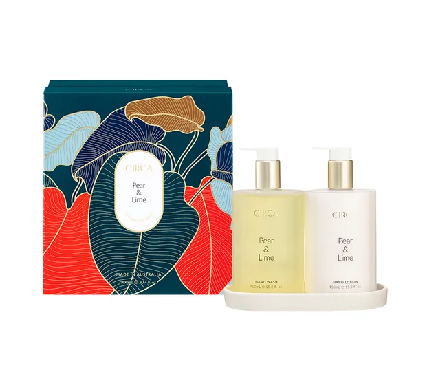 CIRCA Pear & Lime hand wash and lotion duo, with colorful box featuring leaf design.