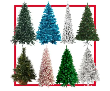 Seven different artificial Christmas trees in various colors and styles arranged in a grid.