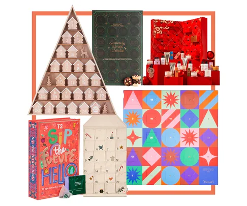 Various advent calendars in different shapes and colors, featuring holiday-themed designs and gifts.