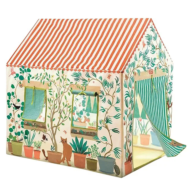Children’s play tent shaped like a house, with striped roof and plant designs, featuring potted plants and a cat image.