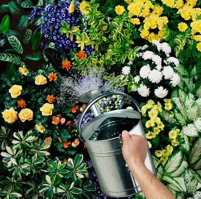 Watering can pours over a vibrant mix of flowers and foliage, including yellow roses and white blossoms.
