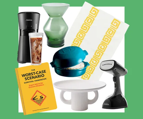 Household items collage: black coffee maker, green vase, tumbler, book, steamer, plate, and napkin with yellow pattern.