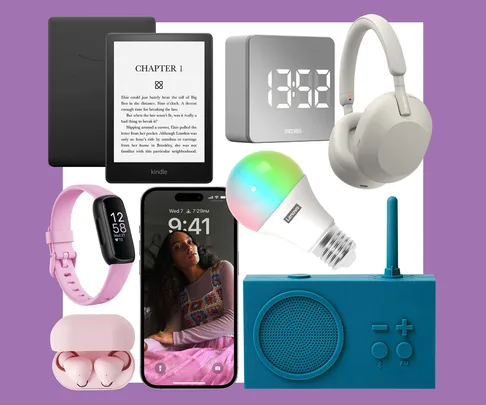 Collection of tech gadgets: Kindle, clock, headphones, smart bulb, smartphone, earphones, smartwatch, blue speaker.