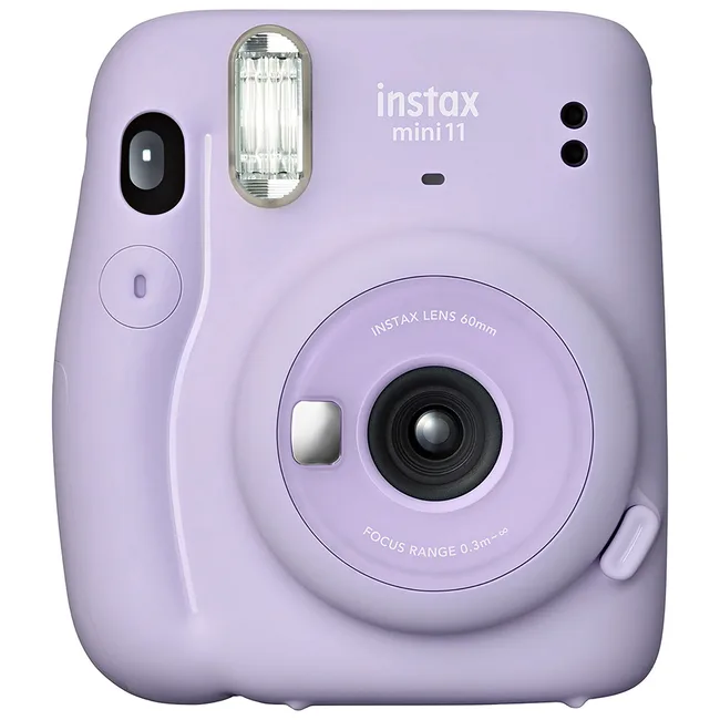 Lilac Fujifilm Instax Mini 11 instant camera, front view, showing lens and flash.