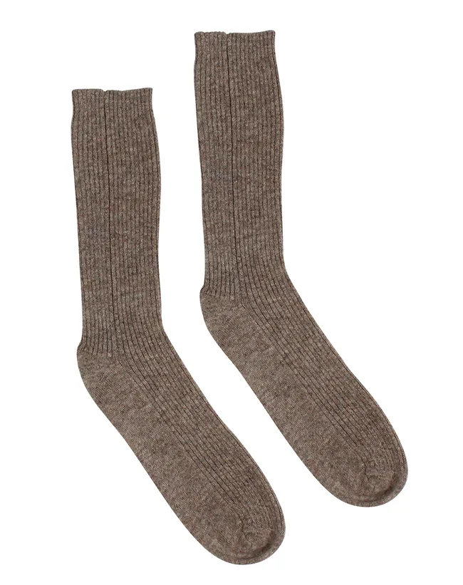 Brown wool ribbed socks on a white background.