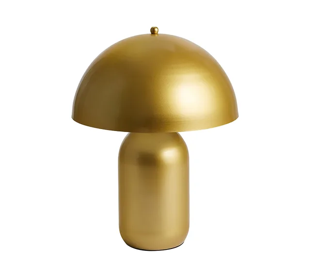 Gold mushroom-shaped metal table lamp with a round base and dome shade.