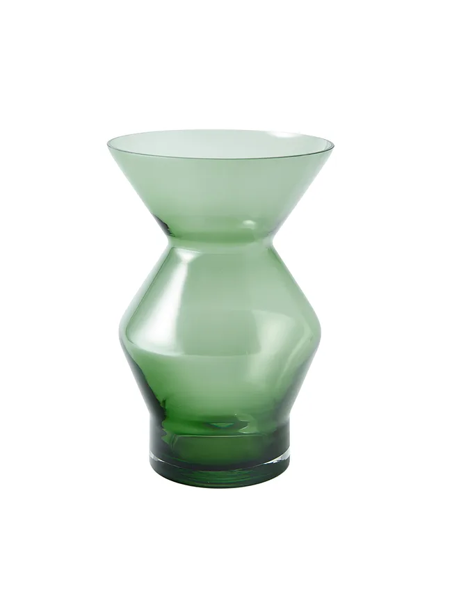 Green glass vase with a unique hourglass shape and smooth finish.