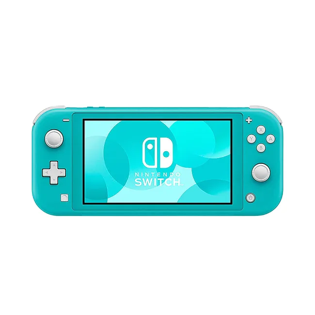 Turquoise Nintendo Switch Lite handheld console with logo on screen.